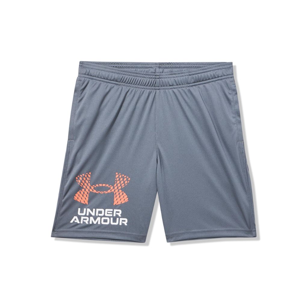 Under Armour Boys Tech Logo Shorts, (025) Castlerock/White/Fire, X-Large Plus