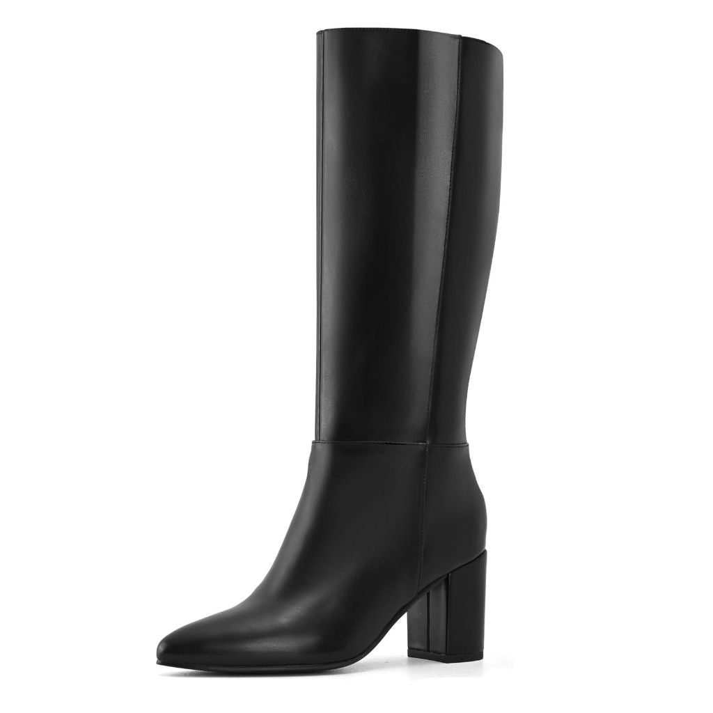 Shoe'N Tale Knee High Boots for Women Chunky Block Heel Fall Winter Pointed Toe Boots(7,Black PU)