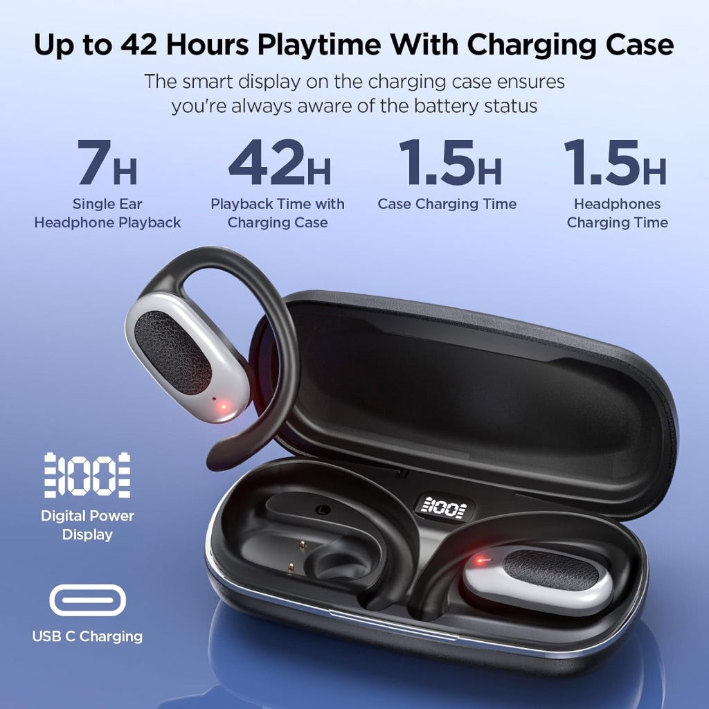 Open Ear Wireless Air Conduction Earbuds with Mic, 42H Playtime, Clear Calls, LED Digital Display - Black