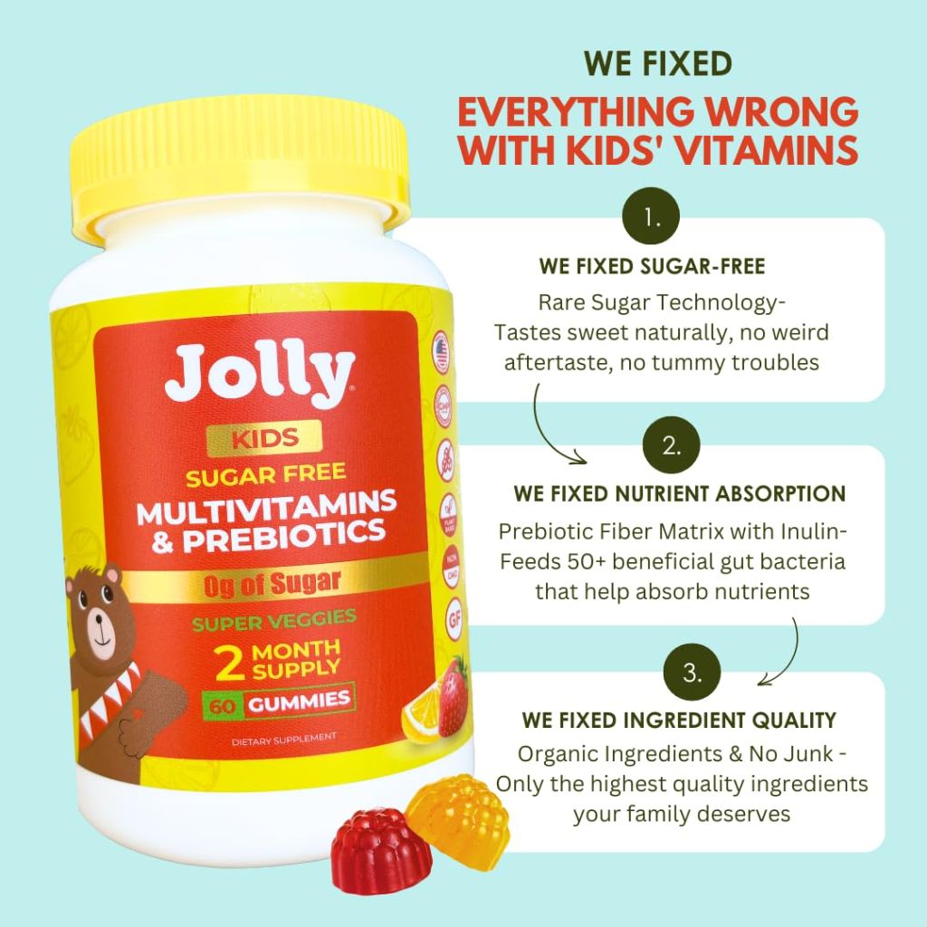 Jolly Kids Multivitamin Gummies - 60ct Sugar Free Vitamins for Kids & Toddlers (Ages 4-12) - Strawberry Lemon