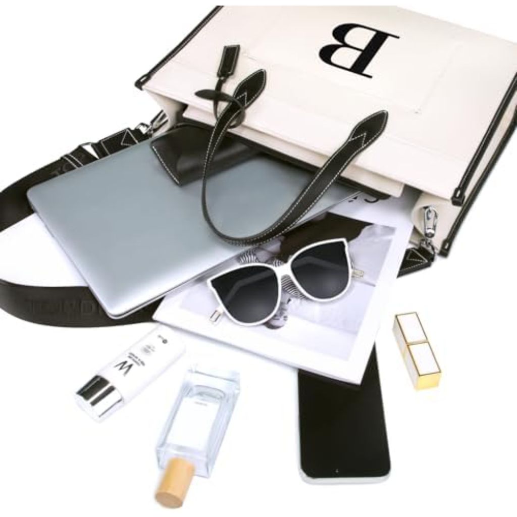 TOPDesign Initial 15.6" Laptop Tote Bag for Women, Personalized Canvas Work Purse, Business Briefcase & Office Handbag