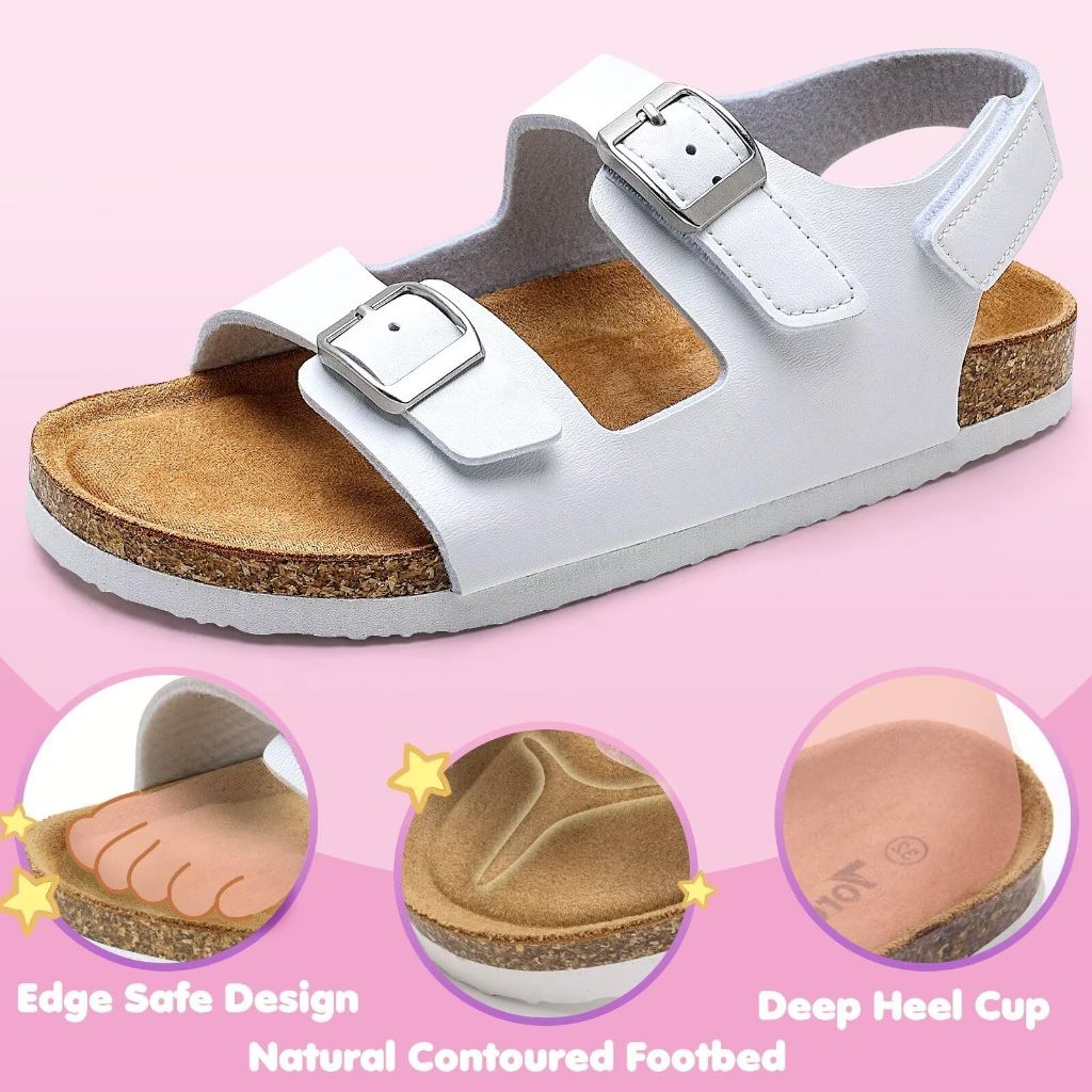 Torotto Toddler Kids Sandals - Size 5, White, Adjustable Buckle Cork Footbed Sandals