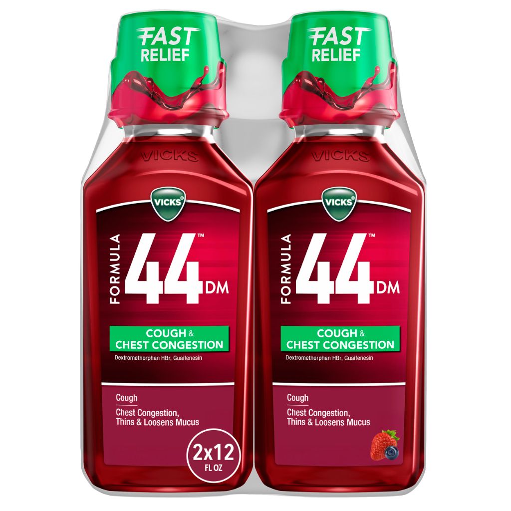 Vicks Formula 44 DM Cough & Congestion Liquid,  Day or Night, Berry Flavor, 2 x 12 FL OZ