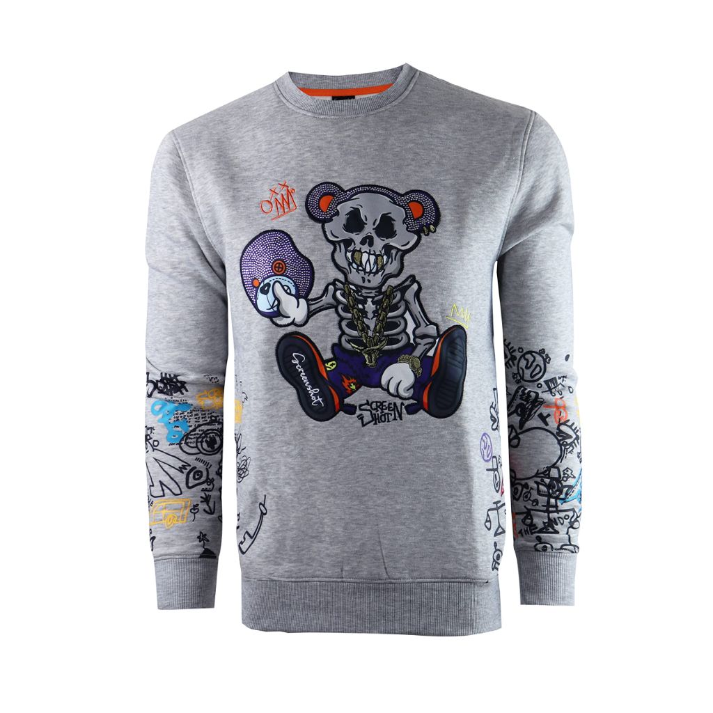 SCREENSHOT Men's Urban Premium Fleece Graffiti Sleeve Skeleton Bear Crew Neck Sweatshirt