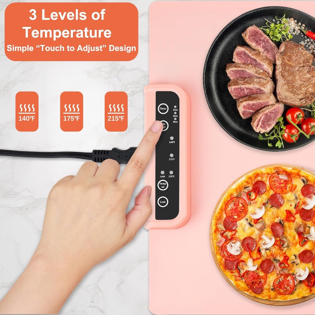 Food Warming Mat - Full Surface Heating, Portable, 3 Temperature Settings - Pink