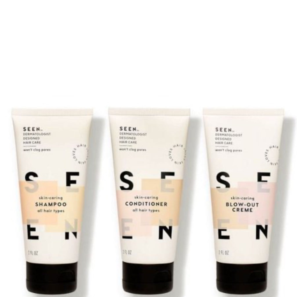 SEEN Travel Trio - Scented - Non-Comedogenic & Sulfate-Free Blow-Out Hair Cream  Shampoo & Conditioner Set- Reduces Frizz- Heat Protectant- Safe for Sensitive & Acne Prone Skin