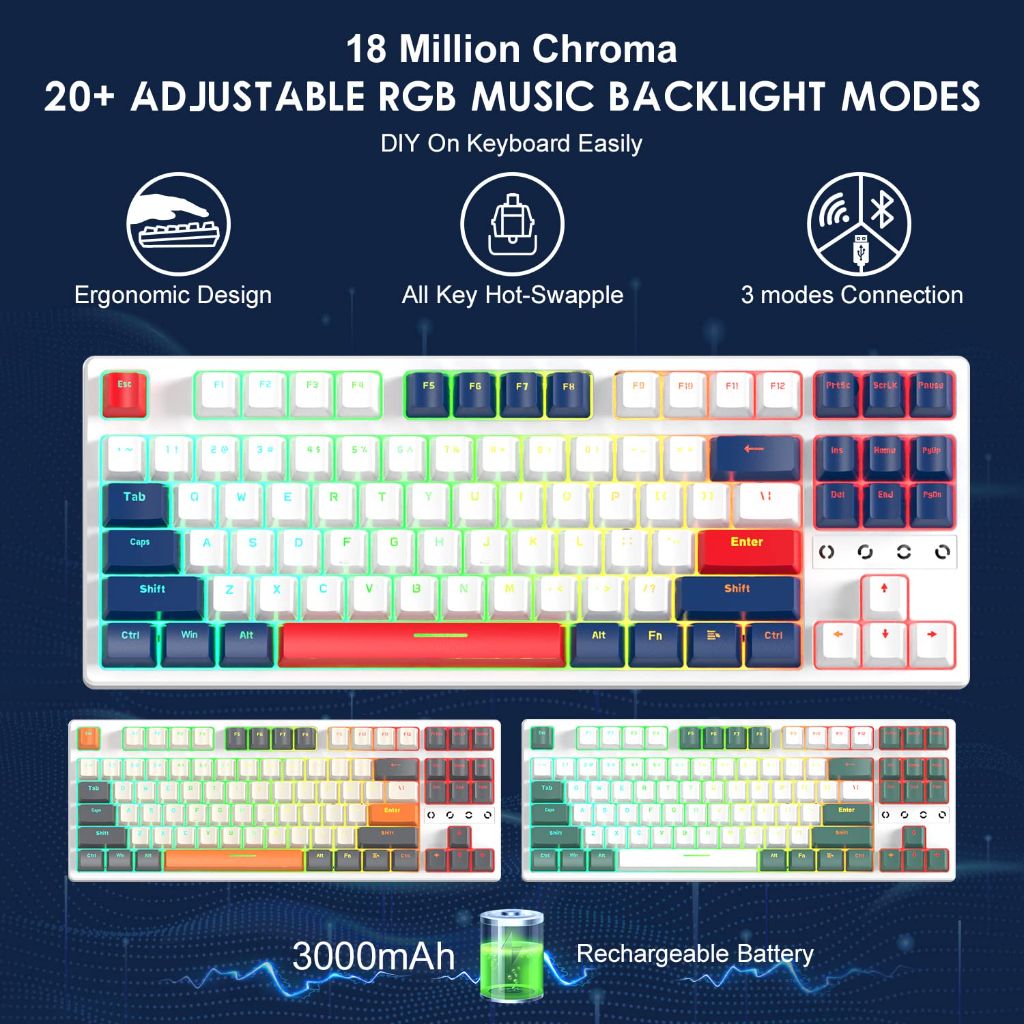 Wireless Gaming Keyboard and Custom Coiled USB C Cable, Triple Mode 2.4GHz/BT 5.0/USB-C