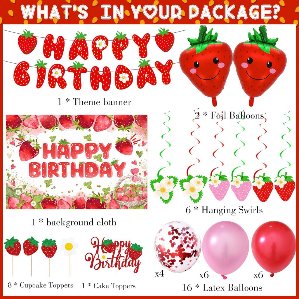 Strawberry Birthday Party Decorations: Banner, Balloons, Backdrop, Cake Toppers, etc. (23 pcs)