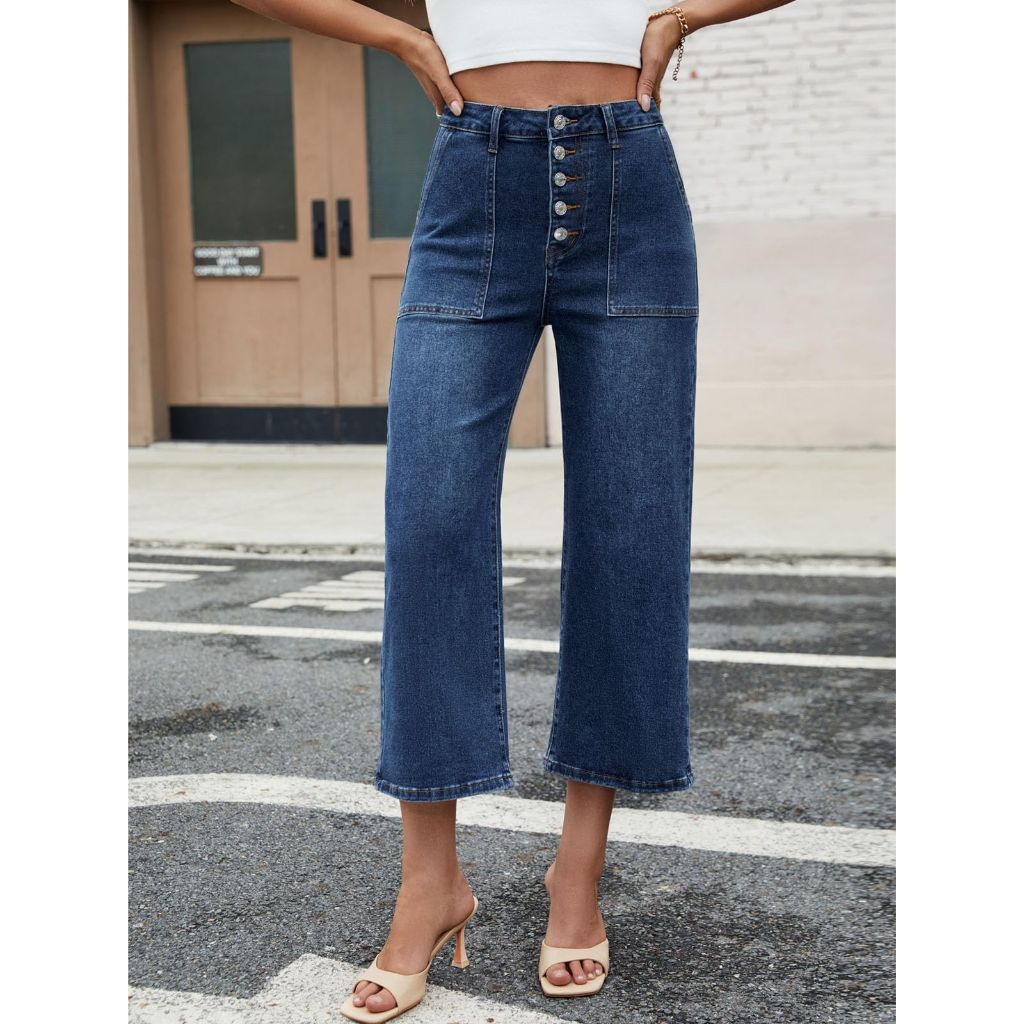 Genleck Women's Wide Leg Jeans – Trendy Cropped Loose Jeans High Waisted Stretchy Capri Denim Pants Baggy Trousers 2025 Dark Blue