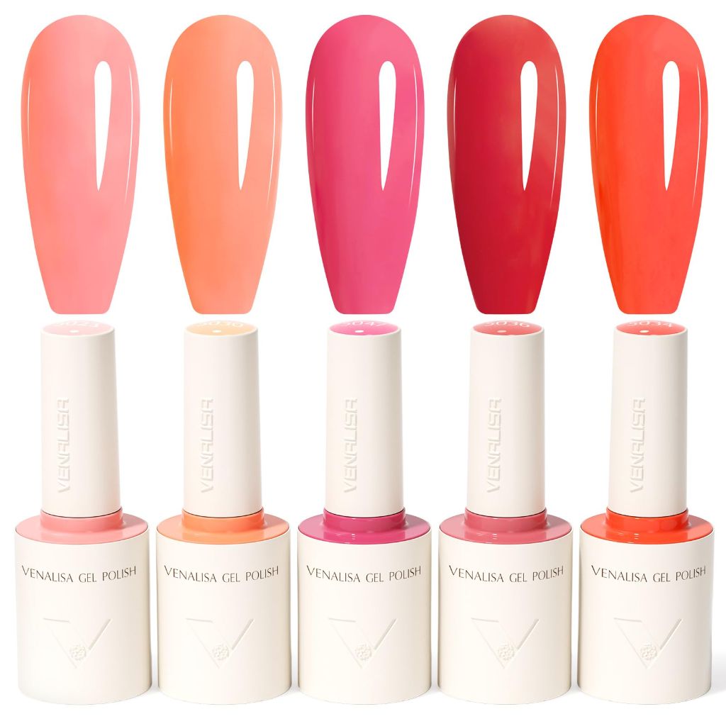 VENALISA 10 ML Gel Nail Polish Set with DIY Nail tips Kit, 5 Pcs Pink Red Orange
