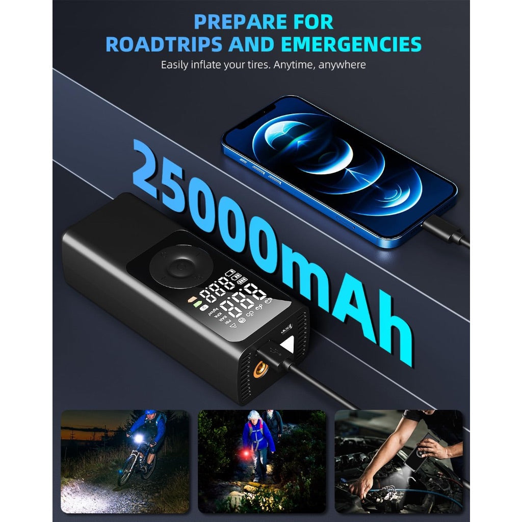 Portable Air Compressor, 180psi Cordless Tire Inflator with 25000mAh Battery, LED Display