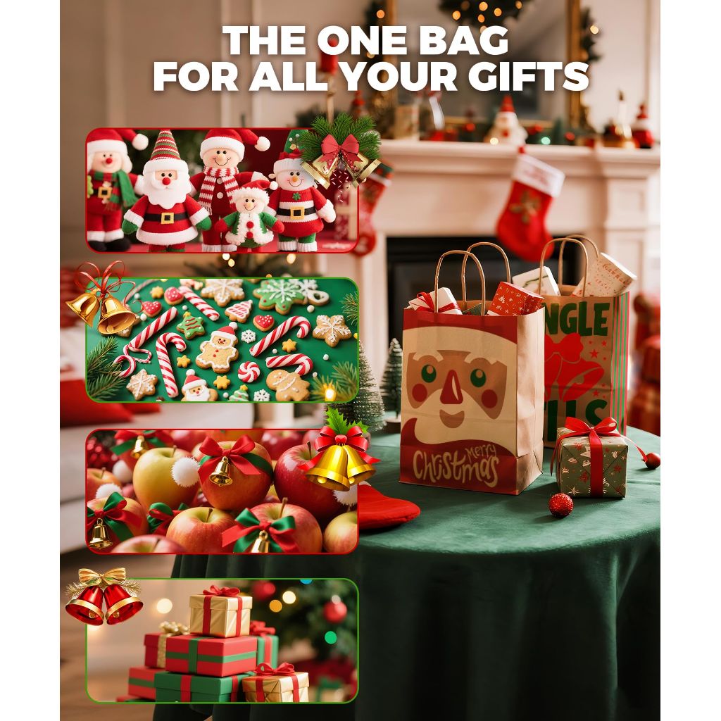 Sipthene 24 Pack Christmas Gift Bags with Handles, Kraft Paper Goody Treat Bags for Holiday Present Wrapping (6 Designs, 9" x 7" x 3.3")
