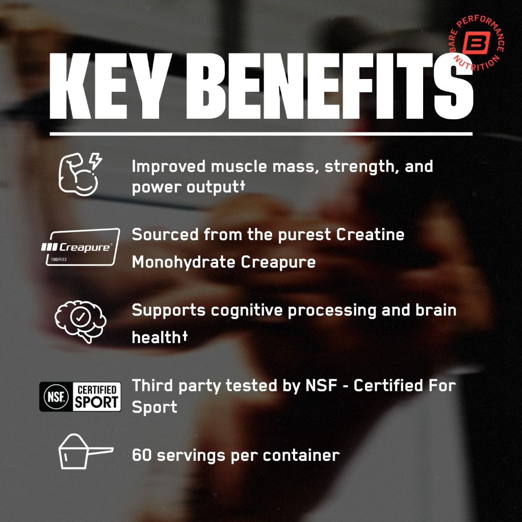 BARE PERFORMANCE NUTRITION, BPN Pure Creatine Monohydrate Powder, 5g of Creatine per Serving - 60 Servings