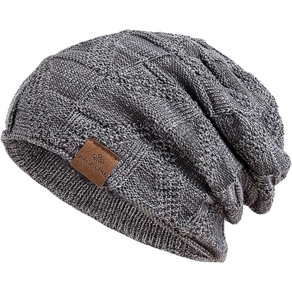 PAGE ONE Mens Winter Slouchy Beanie Warm Fleece Lined Skull Cap Baggy Cable Knit Hat
