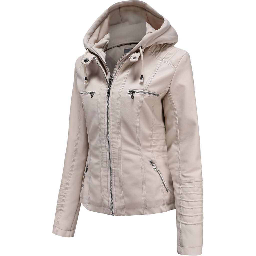 Tagoo Women's Faux Leather Jacket Motorcycle Coat with Removable Hood 4XL