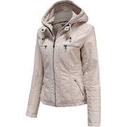 Tagoo Women's Faux Leather Jacket Motorcycle Coat with Removable Hood 4XL