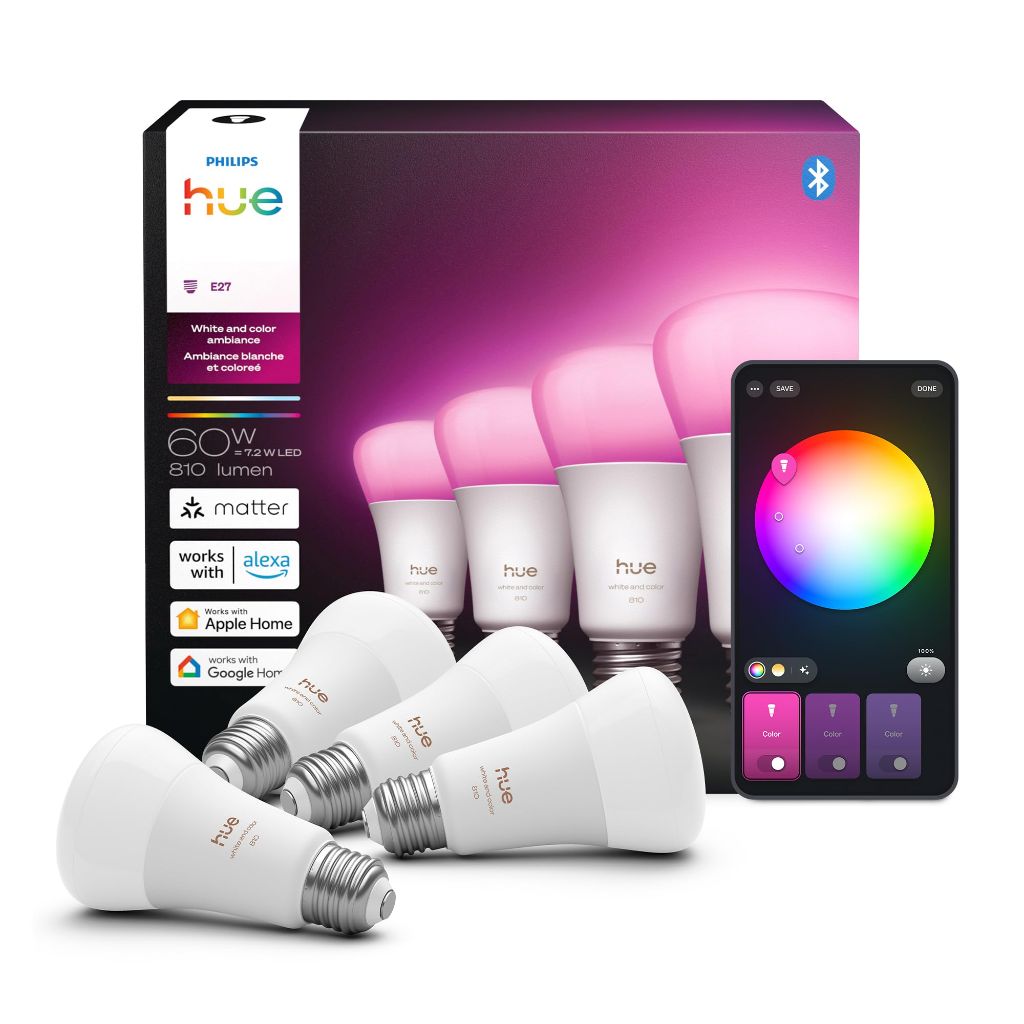Philips Hue Smart LED A19 Bulb 4-Pack, White Color Ambiance, E26 Base, 7.2W, Full Spectrum Light 1000K-20000K, 810 Lumens, Dimmable, Works with Alexa, Google,& Apple Home