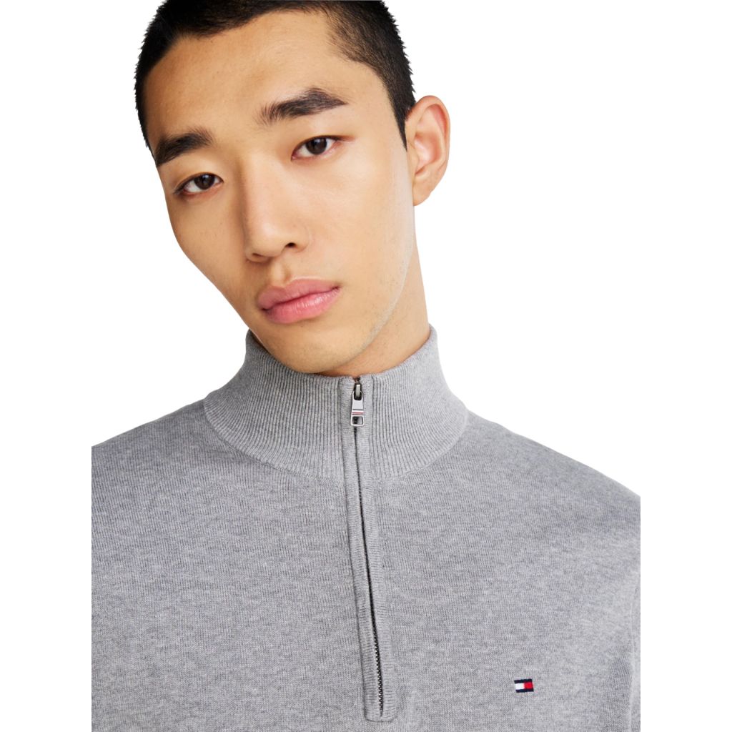Tommy Hilfiger Men's Essential Cotton Quarter Zip Mock Sweater, Medium Grey Heather, Small
