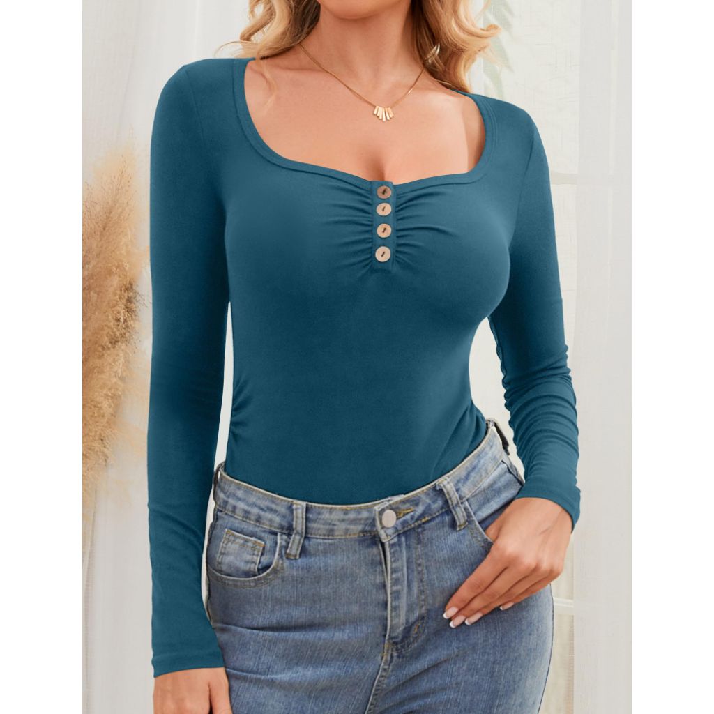Amoretu Women's Henley Long Sleeve Shirts, Fitted (Black, M)