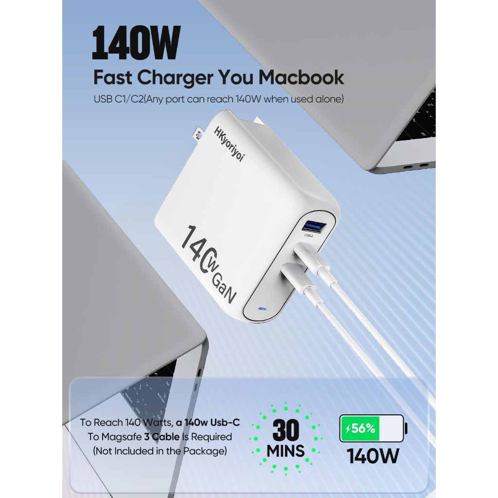 140W USB C Charger, PD3.1 GaN 3-Port Fast Laptop Charger Block 140W Power Bank