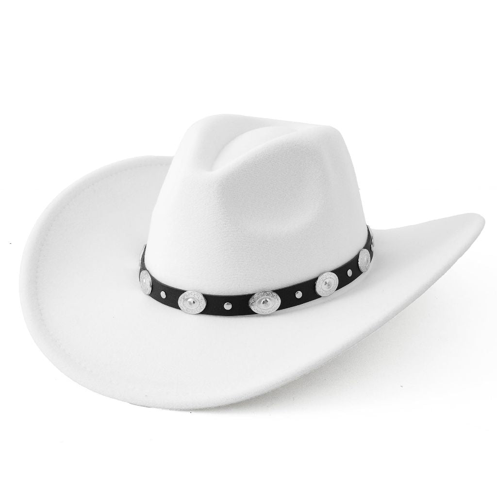 Lanzom Women Men Felt Wide Brim Western Cowboy Hats Belt Buckle Panama Hat (White, Large-X-Large)