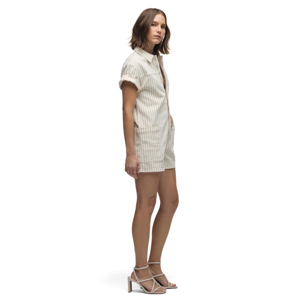 SZ XS, HUDSON Women's Short Sleeve Denim Romper, Ecru Stripe