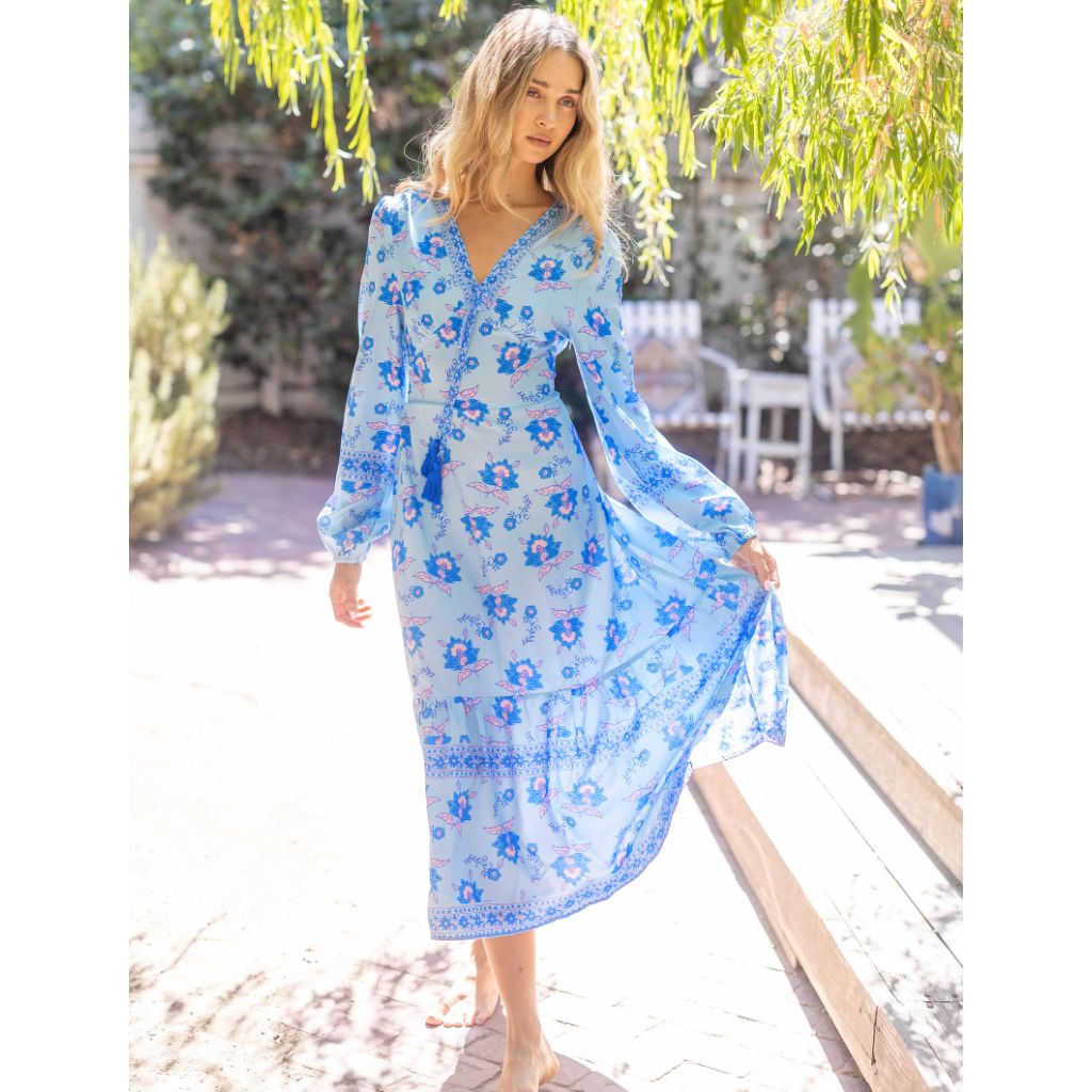 Sunny Spirit Women Midi Casual Boho Dress, Blue Floral, XL
