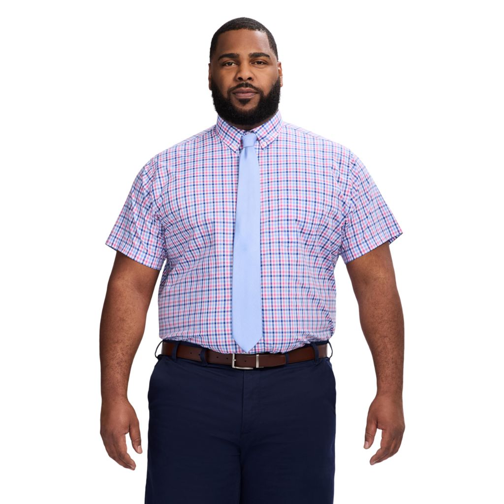 SZ 18.5T, Izod Men's Big and Tall Dress Shirt Short Sleeve All Over Stretch Button Down Collar, Phlox Pink