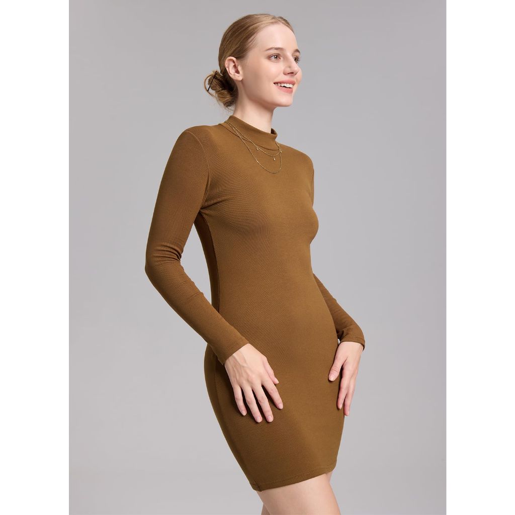 Ullnoy 2 Pack Women's Mock Neck Long Sleeve Bodycon Dress, Coffee/Army, S