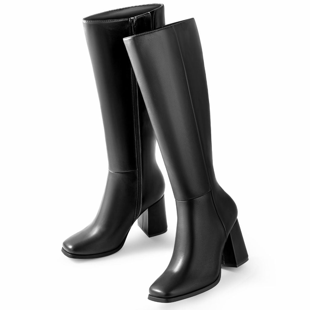 Ankis Knee High Boots for Women Squared Toe Chunky High Heel with Side Zipper Long Boots