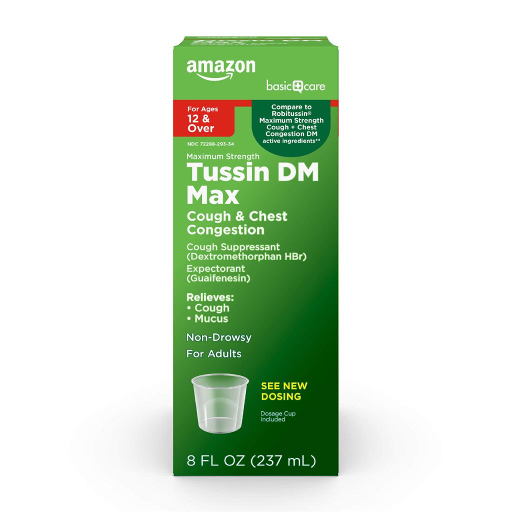 Amazon Basic Care Tussin DM MAX, Maximum Strength Cough and Chest Congestion | Raspberry Menthol Flavor | 8 fl oz
