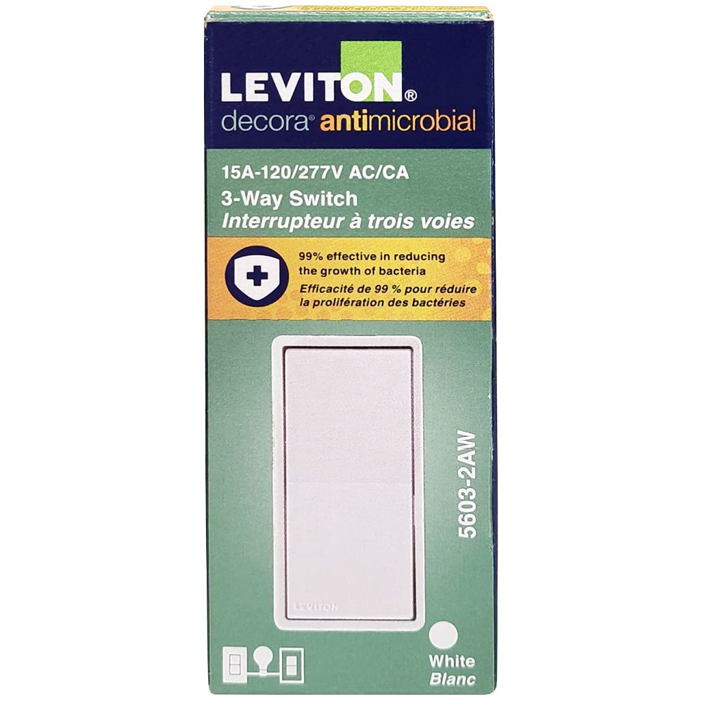 Leviton Antimicrobial 15 Amp 120/277V Decora Rocker 3-Way AC Quiet Switch, 5603-2AW, White