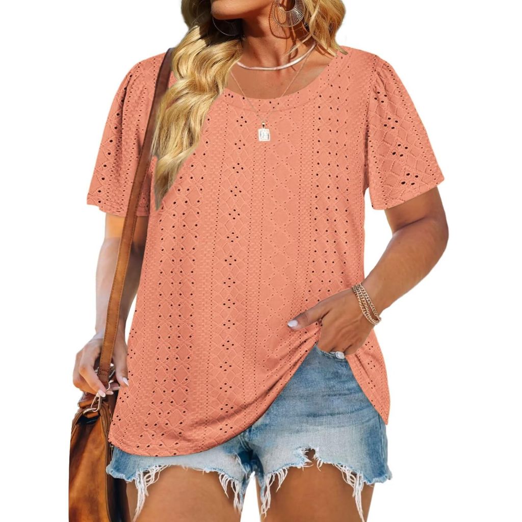 Dolnine Women's Plus Size Fashion Eyelet Crewneck Blouse - Powder Pink, 5XL