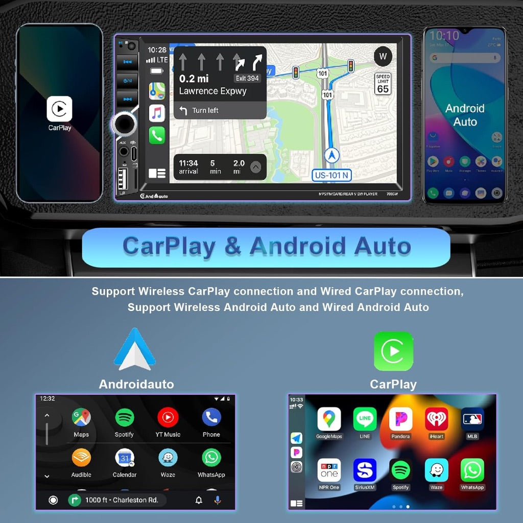 7'' Wireless Apple CarPlay Double Din Car Stereo with IPS HD Touchscreen, Bluetooth 5.2, FM Radio, Backup Camera, Android Auto, Mirror Link, USB/Type-C/AUX/TF,180W Audio Subwoofer Output