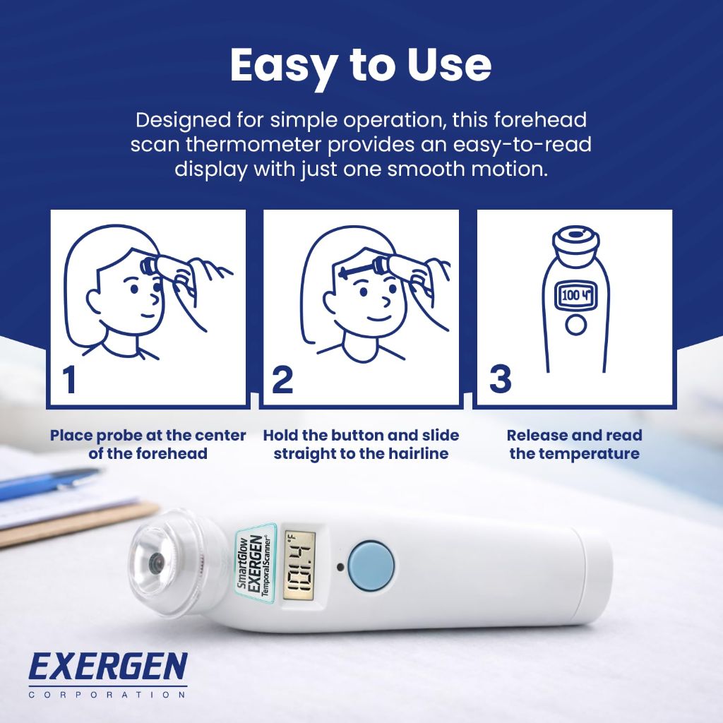 Exergen TAT-2000C Temporal Artery Thermometer Soft Glow Display, Silent Mode, 9V Battery Included