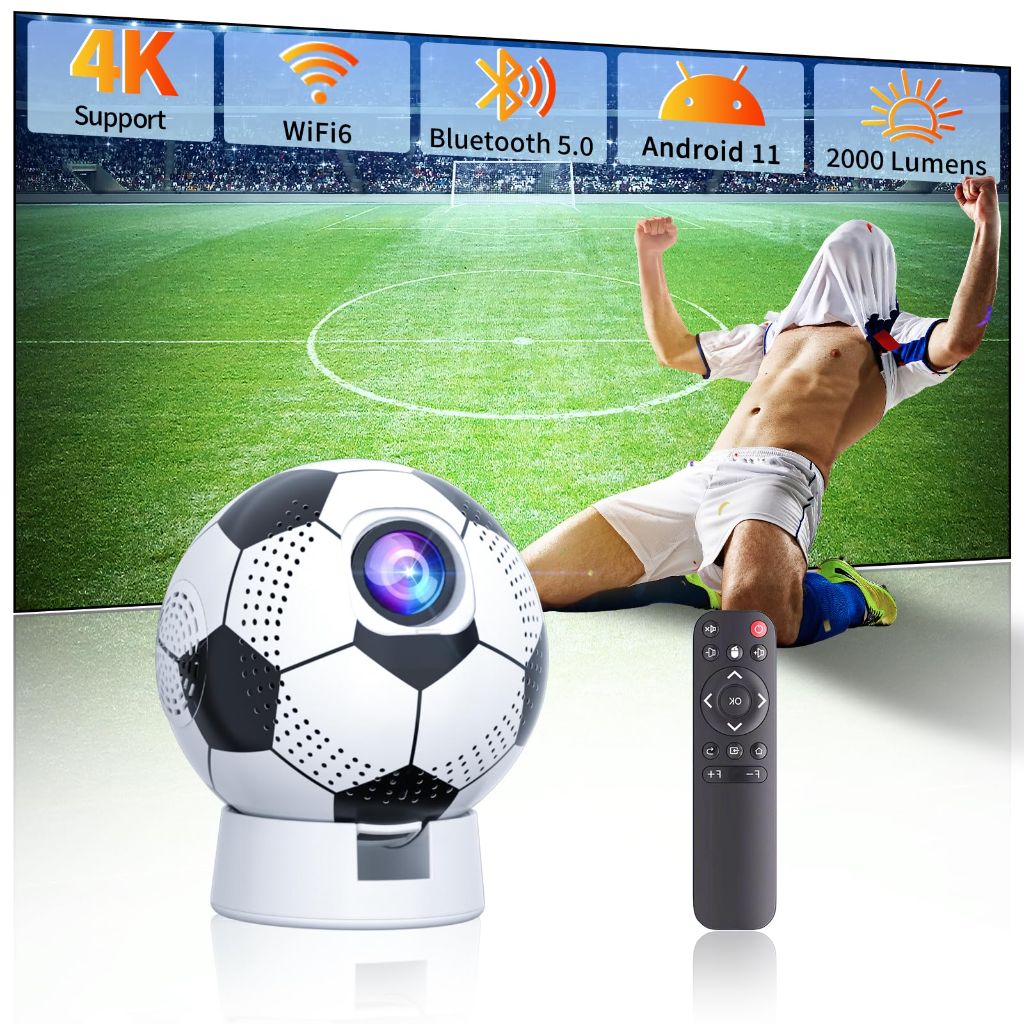 Soccer Ball Wi-Fi Bluetooth Portable Indoor/Outdoor Projector w/Stand