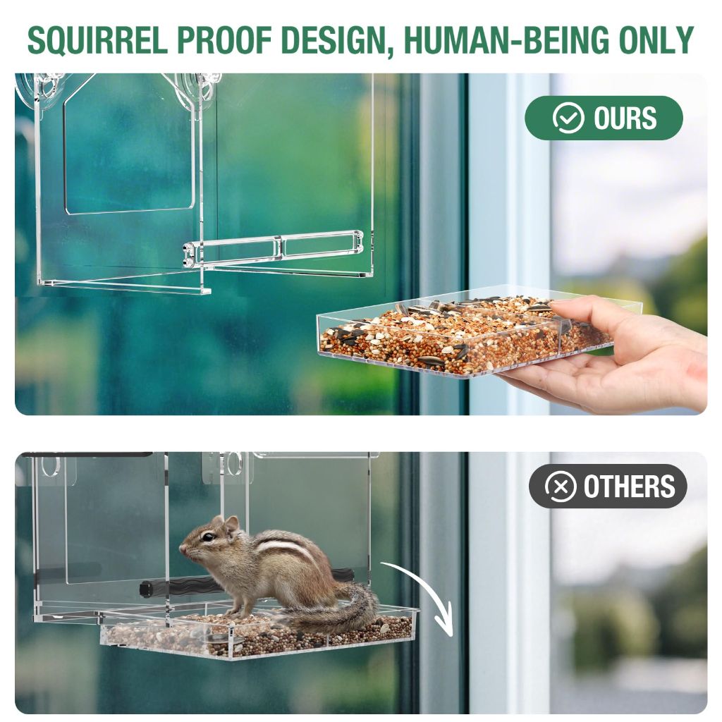 Window Bird Feeder, Suction Cup Window Birdfeeder for 6.8" Larger Viewing, Squirrel-Proof Strong Suction Cup Bird Feeder w/Self-Adhesive for Cats Outdoors