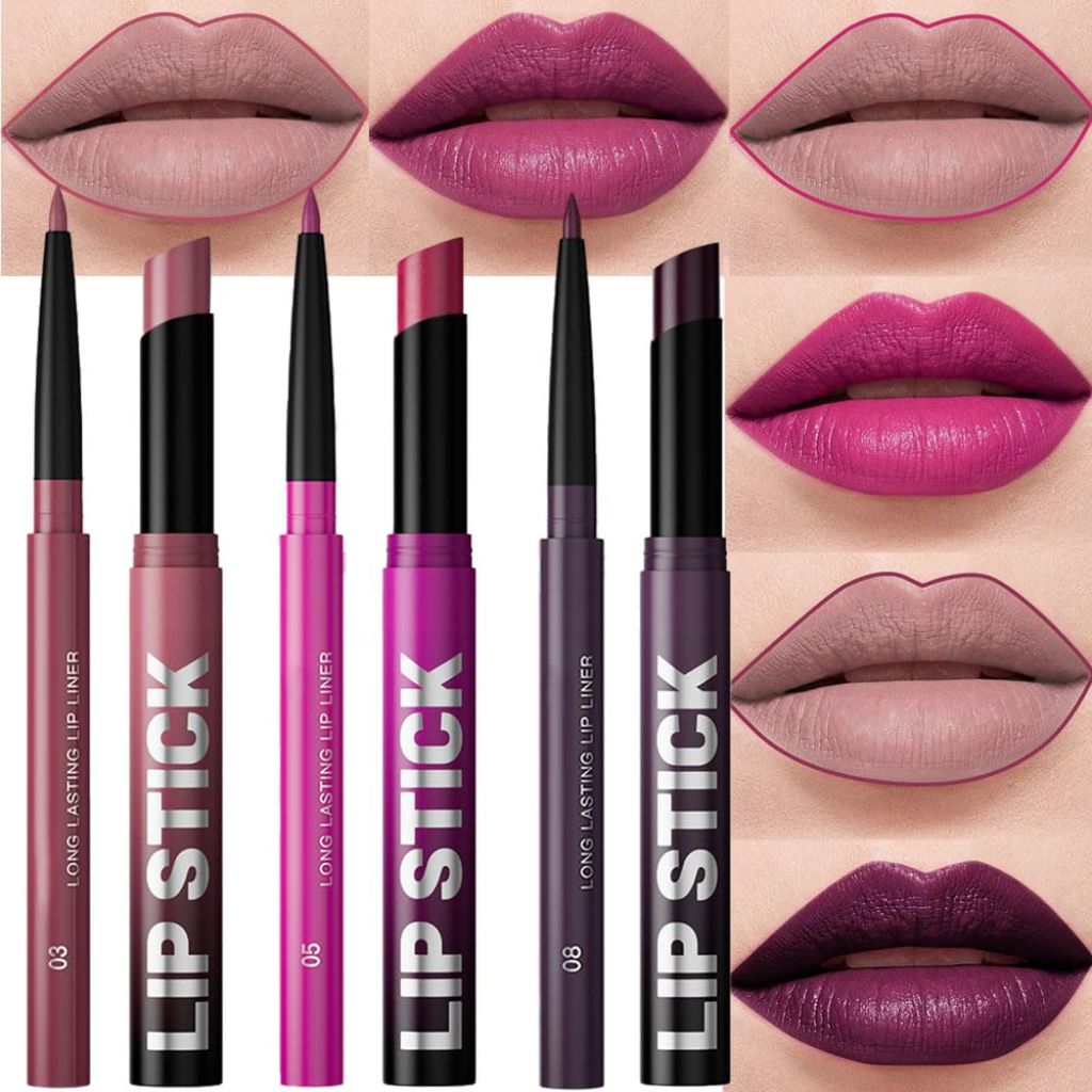 2-in-1 Lip Liner and Lipstick Combo Set - Purple (6pcs)