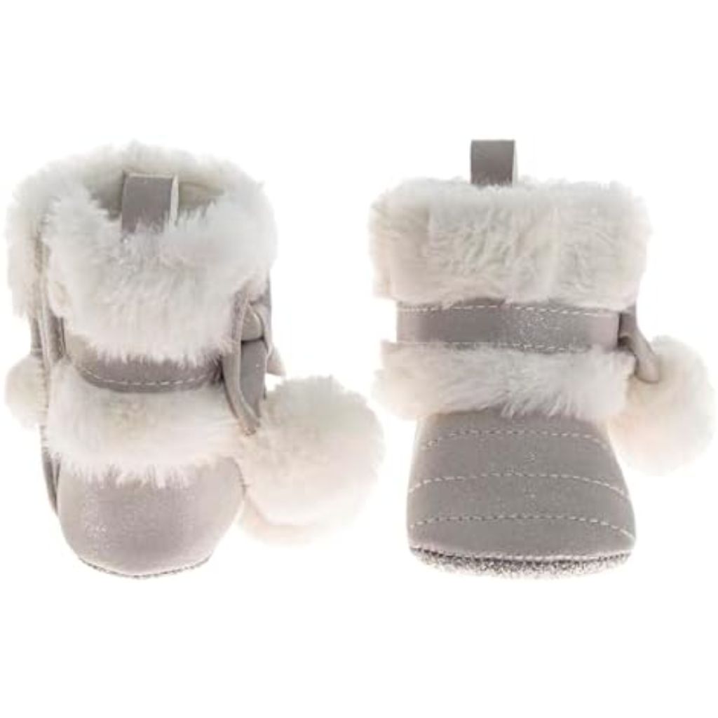 Josmo Infant Girls Booties Faux Fur Baby Shoes with Bow and Pom Poms, Soft and Warm Crib Boots for Newborns (Size 3 Infant)