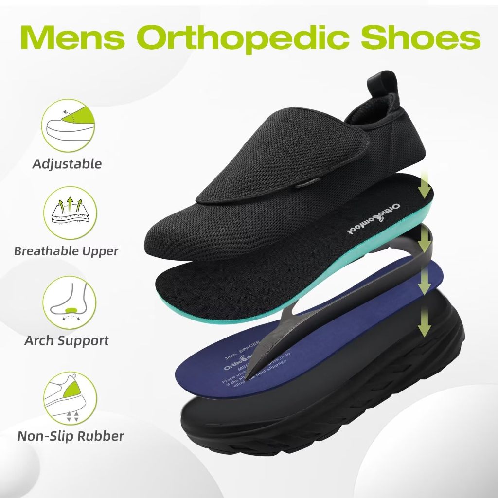 Men's Orthopedic Diabetic Extra Wide Walking Shoes: Cushion Thick Sole Shoes Adjustable for Foot and Heel Pain Black Size 11.5