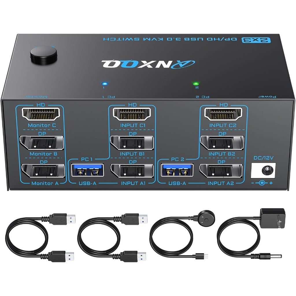 HDMI + 2 Displayport KVM Switch 3 Monitors 2 Computers, ANXQQ 8K@60Hz 4K@144Hz Triple Monitor KVM, Monitor Switch for 2 Computers 3 Monitors with 4 USB 3.0 Ports, Wired Remote and Power Adapter