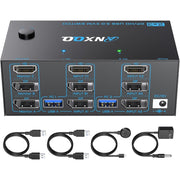 HDMI + 2 Displayport KVM Switch 3 Monitors 2 Computers, ANXQQ 8K@60Hz 4K@144Hz Triple Monitor KVM, Monitor Switch for 2 Computers 3 Monitors with 4 USB 3.0 Ports, Wired Remote and Power Adapter