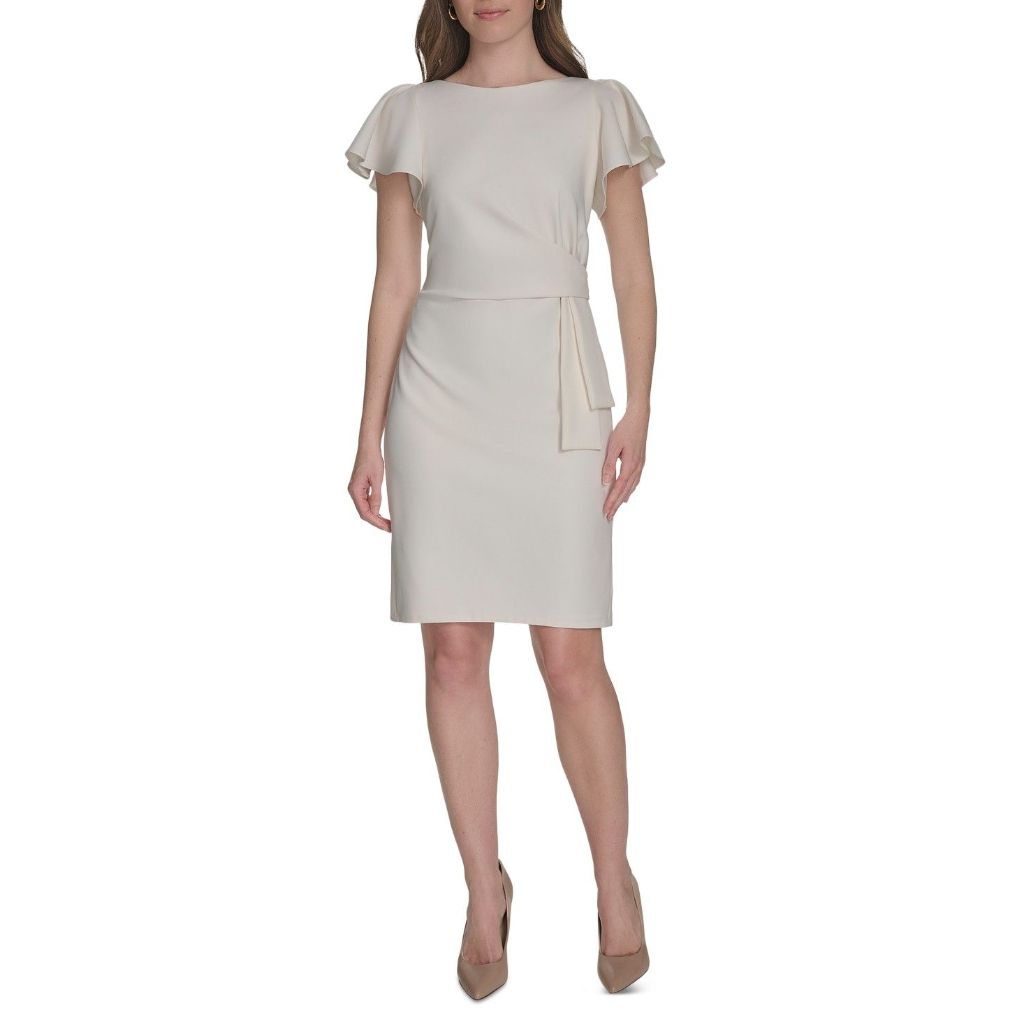 Tommy Hilfiger Womens Flounce Sleeve Side Drape Fully Lined Sheath Dress - Size 6 (White Ivy)