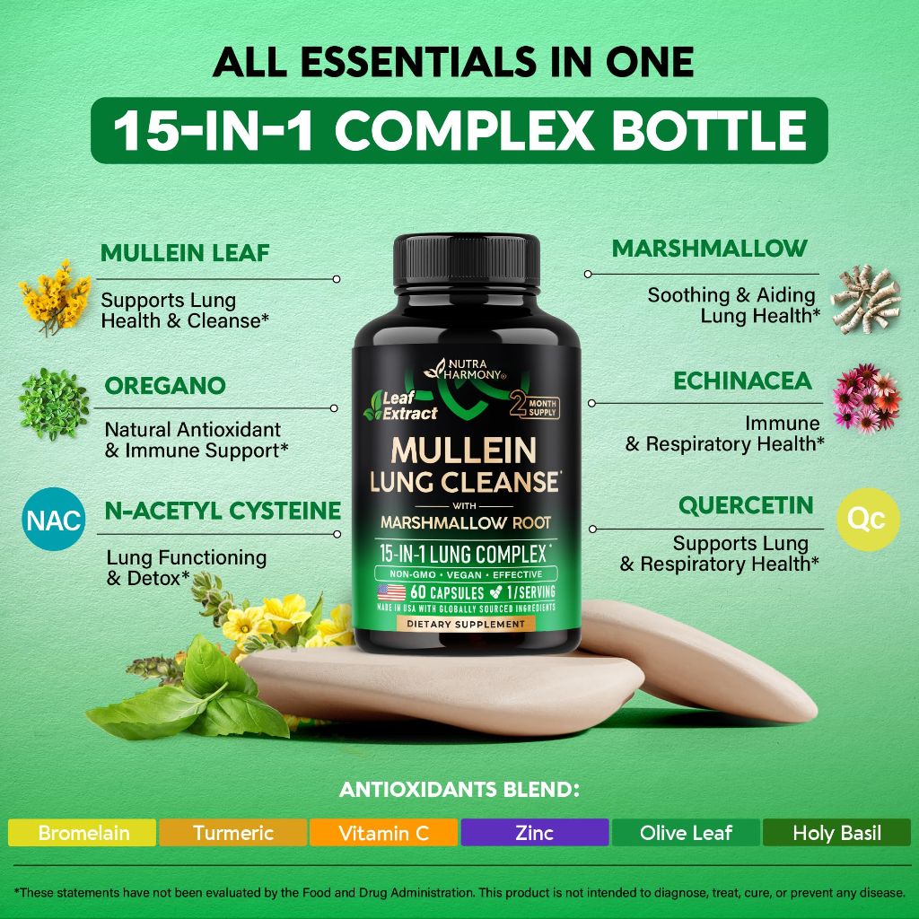Mullein Lung Detox - Mullein Leaf 10:1 Extract - Marshmallow Root | Echinacea | Oregano | Quercetin | NAC - 15-in-1 Lung Support & Cleanse for Smokers Supplement - Made in USA - As Drops - 60 Capsules