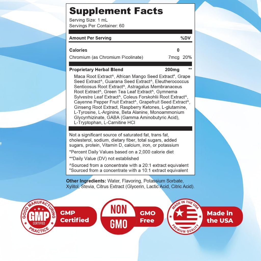 GLP Drops – 100% Natural Herbal Supplement with Maca, Grape Seed, Green Tea & More – Made in USA, Non-GMO, Easy-to-Take Liquid Formula – 60mL (2oz), 30 Servings, 1 Month Supply