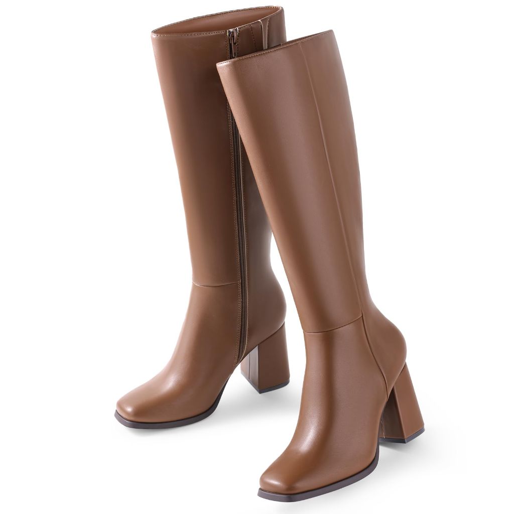 Ankis Knee High Boots for Women Squared Toe Chunky High Heel with Side Zipper Long Boots