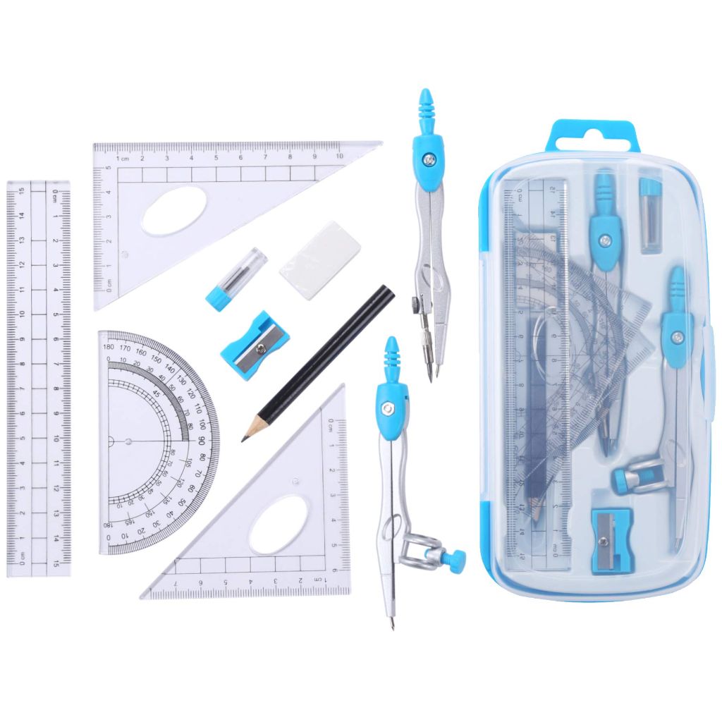 Vobou Math Geometry Kit Sets 10 Piece Student Supplies with Shatterproof Storage Box, (Blue）