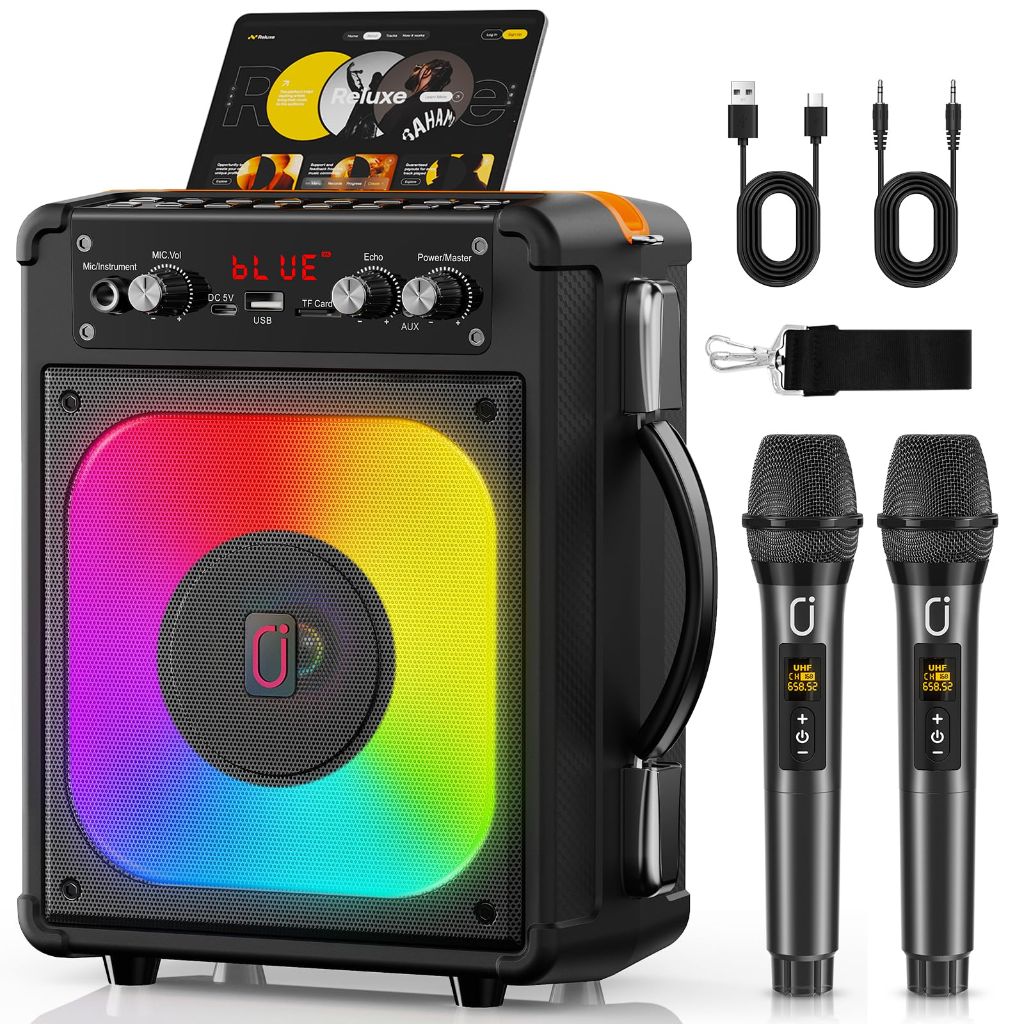 Karaoke Machine, Portable Bluetooth Speaker with 2 Microphones for Adults, PA System with Echo Adjustment, Support TWS/TF Card/USB/AUX/TVs Connected for Home Party
