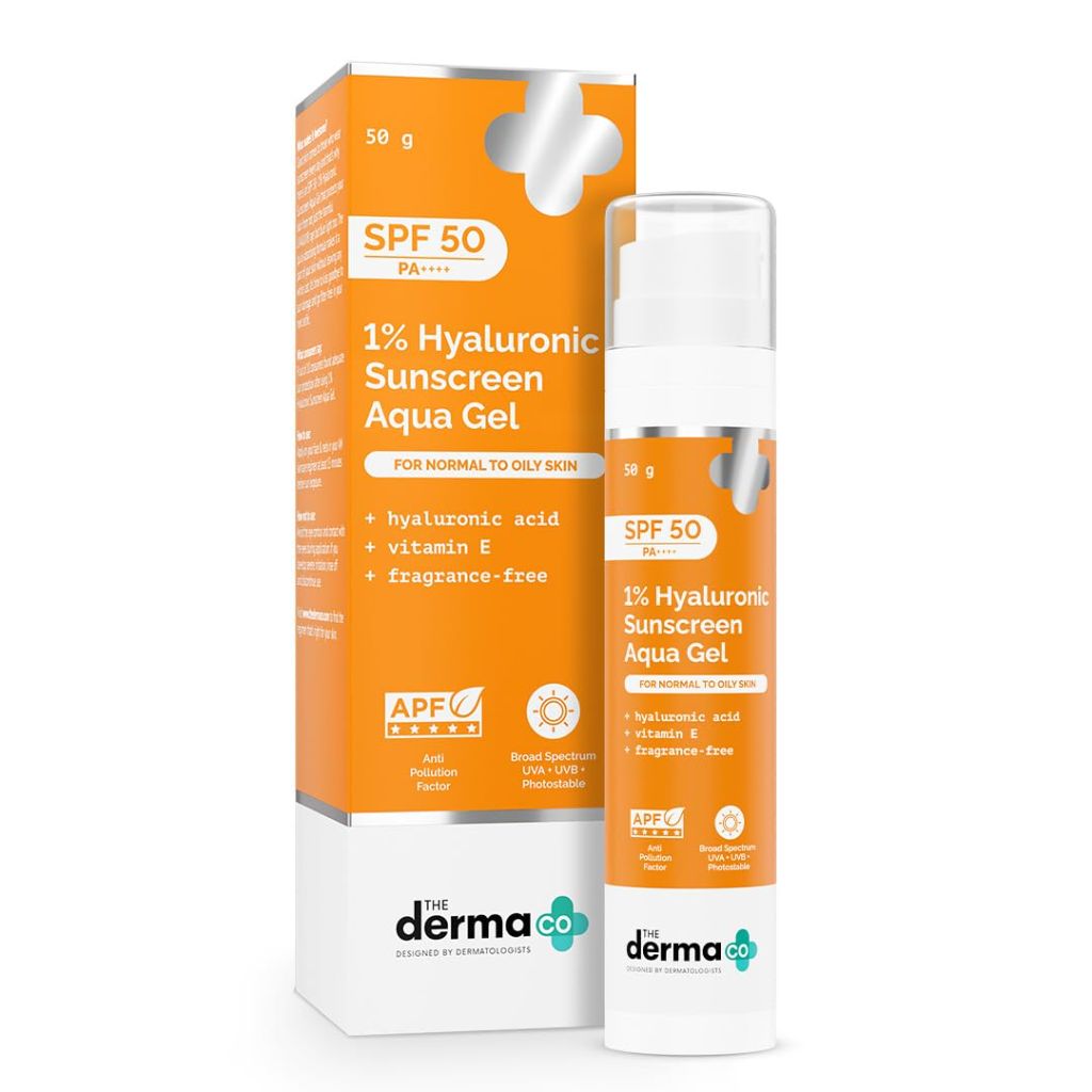 The Derma Co 1% Hyaluronic Sunscreen Aqua Gel with SPF 50 & PA++++  | Lightweight & Quick Absorbing with Vitamin E | 1.76 Oz/50g