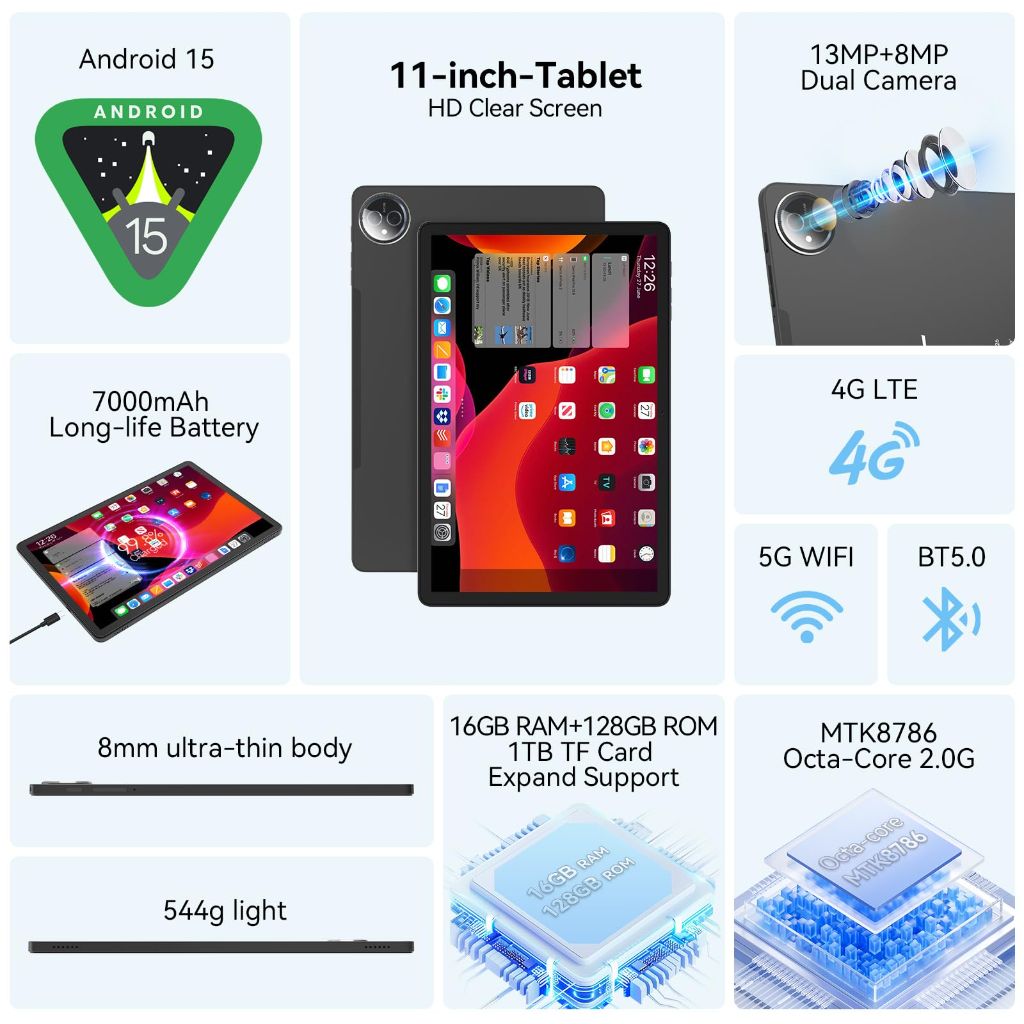 Tablet 11 inch Android 15 Tablet, 2025 Latest Update 128GB ROM 16GB RAM, 4G LTE Tableta, 5G WiFi+Cellular, Octa-Core MTK8786, 13+8 MP Rear and Front Camera,Incell FHD Screen, T-Mobile SIM Card Support